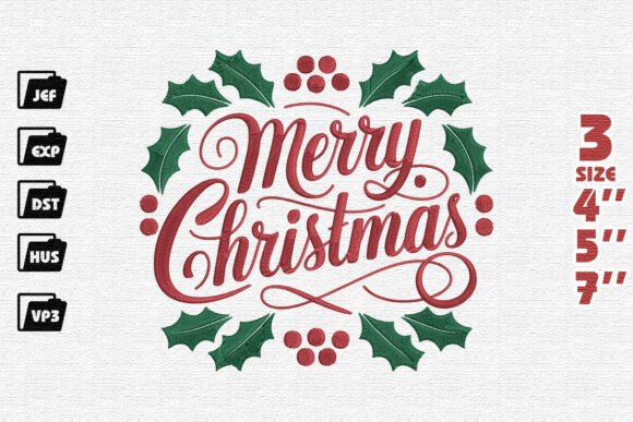 Elegant Merry Christmas Holly Wreath Embroidery