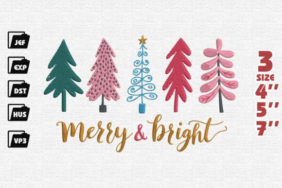 Merry Bright with Whimsical Christmas Trees Embroidery Design